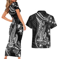 Black Polynesia Couples Matching Short Sleeve Bodycon Dress and Hawaiian Shirt Shark Tattoo With Polynesian Plumeria - Wonder Print Shop