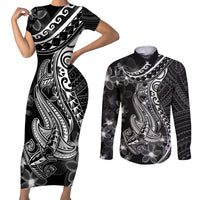 Black Polynesia Couples Matching Short Sleeve Bodycon Dress and Long Sleeve Button Shirt Shark Tattoo With Polynesian Plumeria - Wonder Print Shop