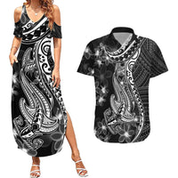 Black Polynesia Couples Matching Summer Maxi Dress and Hawaiian Shirt Shark Tattoo With Polynesian Plumeria - Wonder Print Shop