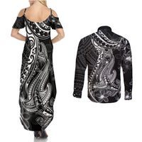 Black Polynesia Couples Matching Summer Maxi Dress and Long Sleeve Button Shirt Shark Tattoo With Polynesian Plumeria - Wonder Print Shop