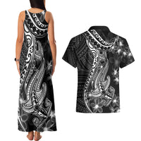 Black Polynesia Couples Matching Tank Maxi Dress and Hawaiian Shirt Shark Tattoo With Polynesian Plumeria - Wonder Print Shop