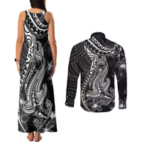 Black Polynesia Couples Matching Tank Maxi Dress and Long Sleeve Button Shirt Shark Tattoo With Polynesian Plumeria - Wonder Print Shop
