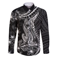 Black Polynesia Family Matching Long Sleeve Bodycon Dress and Hawaiian Shirt Shark Tattoo With Polynesian Plumeria - Wonder Print Shop