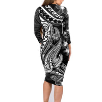Black Polynesia Family Matching Long Sleeve Bodycon Dress and Hawaiian Shirt Shark Tattoo With Polynesian Plumeria - Wonder Print Shop