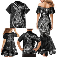 Black Polynesia Family Matching Mermaid Dress and Hawaiian Shirt Shark Tattoo With Polynesian Plumeria - Wonder Print Shop