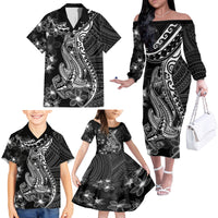 Black Polynesia Family Matching Off Shoulder Long Sleeve Dress and Hawaiian Shirt Shark Tattoo With Polynesian Plumeria - Wonder Print Shop