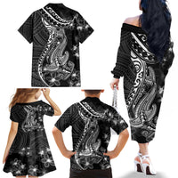 Black Polynesia Family Matching Off Shoulder Long Sleeve Dress and Hawaiian Shirt Shark Tattoo With Polynesian Plumeria - Wonder Print Shop