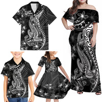 Black Polynesia Family Matching Off Shoulder Maxi Dress and Hawaiian Shirt Shark Tattoo With Polynesian Plumeria - Wonder Print Shop