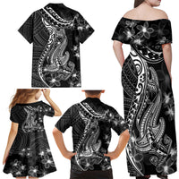 Black Polynesia Family Matching Off Shoulder Maxi Dress and Hawaiian Shirt Shark Tattoo With Polynesian Plumeria - Wonder Print Shop