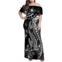Black Polynesia Family Matching Off Shoulder Maxi Dress and Hawaiian Shirt Shark Tattoo With Polynesian Plumeria - Wonder Print Shop