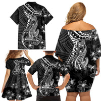Black Polynesia Family Matching Off Shoulder Short Dress and Hawaiian Shirt Shark Tattoo With Polynesian Plumeria - Wonder Print Shop