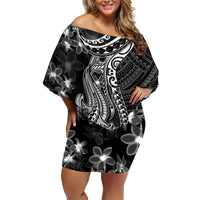 Black Polynesia Family Matching Off Shoulder Short Dress and Hawaiian Shirt Shark Tattoo With Polynesian Plumeria - Wonder Print Shop