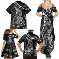 Black Polynesia Family Matching Summer Maxi Dress and Hawaiian Shirt Shark Tattoo With Polynesian Plumeria - Wonder Print Shop