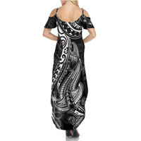Black Polynesia Family Matching Summer Maxi Dress and Hawaiian Shirt Shark Tattoo With Polynesian Plumeria - Wonder Print Shop