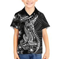Black Polynesia Kid Hawaiian Shirt Shark Tattoo With Polynesian Plumeria - Wonder Print Shop