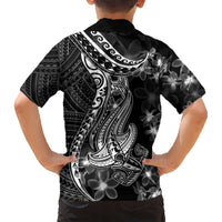 Black Polynesia Kid Hawaiian Shirt Shark Tattoo With Polynesian Plumeria - Wonder Print Shop
