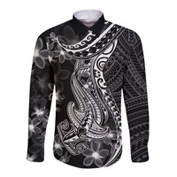 Black Polynesia Long Sleeve Button Shirt Shark Tattoo With Polynesian Plumeria - Wonder Print Shop