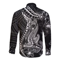 Black Polynesia Long Sleeve Button Shirt Shark Tattoo With Polynesian Plumeria - Wonder Print Shop