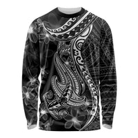 Black Polynesia Long Sleeve Shirt Shark Tattoo With Polynesian Plumeria - Wonder Print Shop