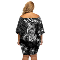 Black Polynesia Off Shoulder Short Dress Shark Tattoo With Polynesian Plumeria - Wonder Print Shop