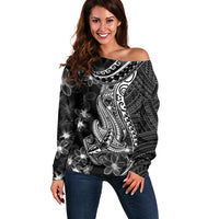 Black Polynesia Off Shoulder Sweater Shark Tattoo With Polynesian Plumeria - Wonder Print Shop