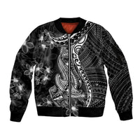 Black Polynesia Sleeve Zip Bomber Jacket Shark Tattoo With Polynesian Plumeria - Wonder Print Shop