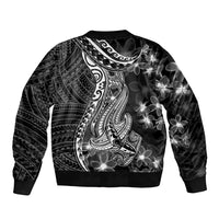 Black Polynesia Sleeve Zip Bomber Jacket Shark Tattoo With Polynesian Plumeria - Wonder Print Shop