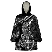 Black Polynesia Wearable Blanket Hoodie Shark Tattoo With Polynesian Plumeria - Wonder Print Shop