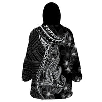 Black Polynesia Wearable Blanket Hoodie Shark Tattoo With Polynesian Plumeria - Wonder Print Shop