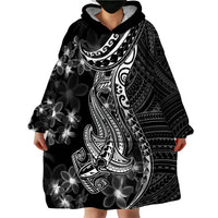 Black Polynesia Wearable Blanket Hoodie Shark Tattoo With Polynesian Plumeria - Wonder Print Shop