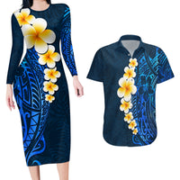 Blue Polynesia Couples Matching Long Sleeve Bodycon Dress and Hawaiian Shirt Plumeria Tropical Leaves With Galaxy Polynesian Art - Wonder Print Shop