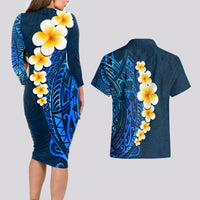 Blue Polynesia Couples Matching Long Sleeve Bodycon Dress and Hawaiian Shirt Plumeria Tropical Leaves With Galaxy Polynesian Art - Wonder Print Shop