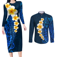 Blue Polynesia Couples Matching Long Sleeve Bodycon Dress and Long Sleeve Button Shirt Plumeria Tropical Leaves With Galaxy Polynesian Art - Wonder Print Shop
