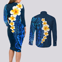 Blue Polynesia Couples Matching Long Sleeve Bodycon Dress and Long Sleeve Button Shirt Plumeria Tropical Leaves With Galaxy Polynesian Art - Wonder Print Shop