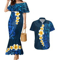 Blue Polynesia Couples Matching Mermaid Dress and Hawaiian Shirt Plumeria Tropical Leaves With Galaxy Polynesian Art - Wonder Print Shop