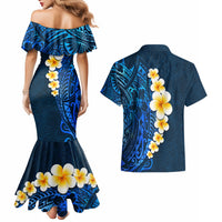 Blue Polynesia Couples Matching Mermaid Dress and Hawaiian Shirt Plumeria Tropical Leaves With Galaxy Polynesian Art - Wonder Print Shop
