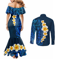 blue-polynesia-couples-matching-mermaid-dress-and-long-sleeve-button-shirt-plumeria-tropical-leaves-with-galaxy-polynesian-art