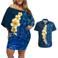 Blue Polynesia Couples Matching Off Shoulder Short Dress and Hawaiian Shirt Plumeria Tropical Leaves With Galaxy Polynesian Art - Wonder Print Shop