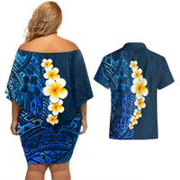 Blue Polynesia Couples Matching Off Shoulder Short Dress and Hawaiian Shirt Plumeria Tropical Leaves With Galaxy Polynesian Art - Wonder Print Shop