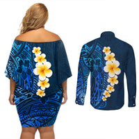 Blue Polynesia Couples Matching Off Shoulder Short Dress and Long Sleeve Button Shirt Plumeria Tropical Leaves With Galaxy Polynesian Art - Wonder Print Shop