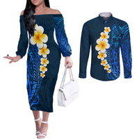 blue-polynesia-couples-matching-off-the-shoulder-long-sleeve-dress-and-long-sleeve-button-shirt-plumeria-tropical-leaves-with-galaxy-polynesian-art