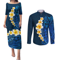 Blue Polynesia Couples Matching Puletasi Dress and Long Sleeve Button Shirt Plumeria Tropical Leaves With Galaxy Polynesian Art - Wonder Print Shop