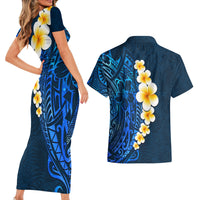 Blue Polynesia Couples Matching Short Sleeve Bodycon Dress and Hawaiian Shirt Plumeria Tropical Leaves With Galaxy Polynesian Art - Wonder Print Shop