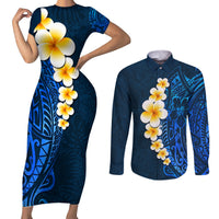 Blue Polynesia Couples Matching Short Sleeve Bodycon Dress and Long Sleeve Button Shirt Plumeria Tropical Leaves With Galaxy Polynesian Art - Wonder Print Shop