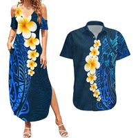 Blue Polynesia Couples Matching Summer Maxi Dress and Hawaiian Shirt Plumeria Tropical Leaves With Galaxy Polynesian Art - Wonder Print Shop