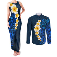 Blue Polynesia Couples Matching Tank Maxi Dress and Long Sleeve Button Shirt Plumeria Tropical Leaves With Galaxy Polynesian Art - Wonder Print Shop
