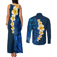 Blue Polynesia Couples Matching Tank Maxi Dress and Long Sleeve Button Shirt Plumeria Tropical Leaves With Galaxy Polynesian Art - Wonder Print Shop