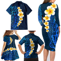 Blue Polynesia Family Matching Long Sleeve Bodycon Dress and Hawaiian Shirt Plumeria Tropical Leaves With Galaxy Polynesian Art - Wonder Print Shop
