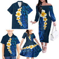 Blue Polynesia Family Matching Off Shoulder Long Sleeve Dress and Hawaiian Shirt Plumeria Tropical Leaves With Galaxy Polynesian Art - Wonder Print Shop