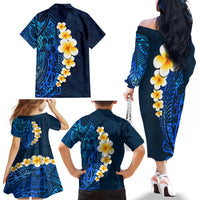 Blue Polynesia Family Matching Off Shoulder Long Sleeve Dress and Hawaiian Shirt Plumeria Tropical Leaves With Galaxy Polynesian Art - Wonder Print Shop
